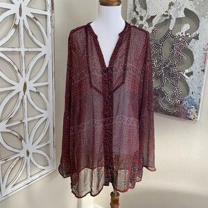 CONVERSE ONE STAR xlarge SHEER PAISLEY PRINT LONG SLEEVE BUTTON UP BLOUSE TOP